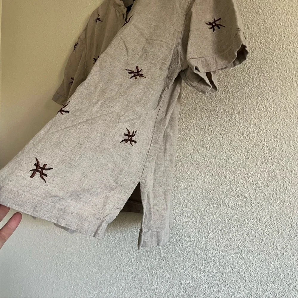 Vintage Positive Attitude Button Up Short Sleeved Linen Type Shirt Tan Floral - Picture 5 of 11